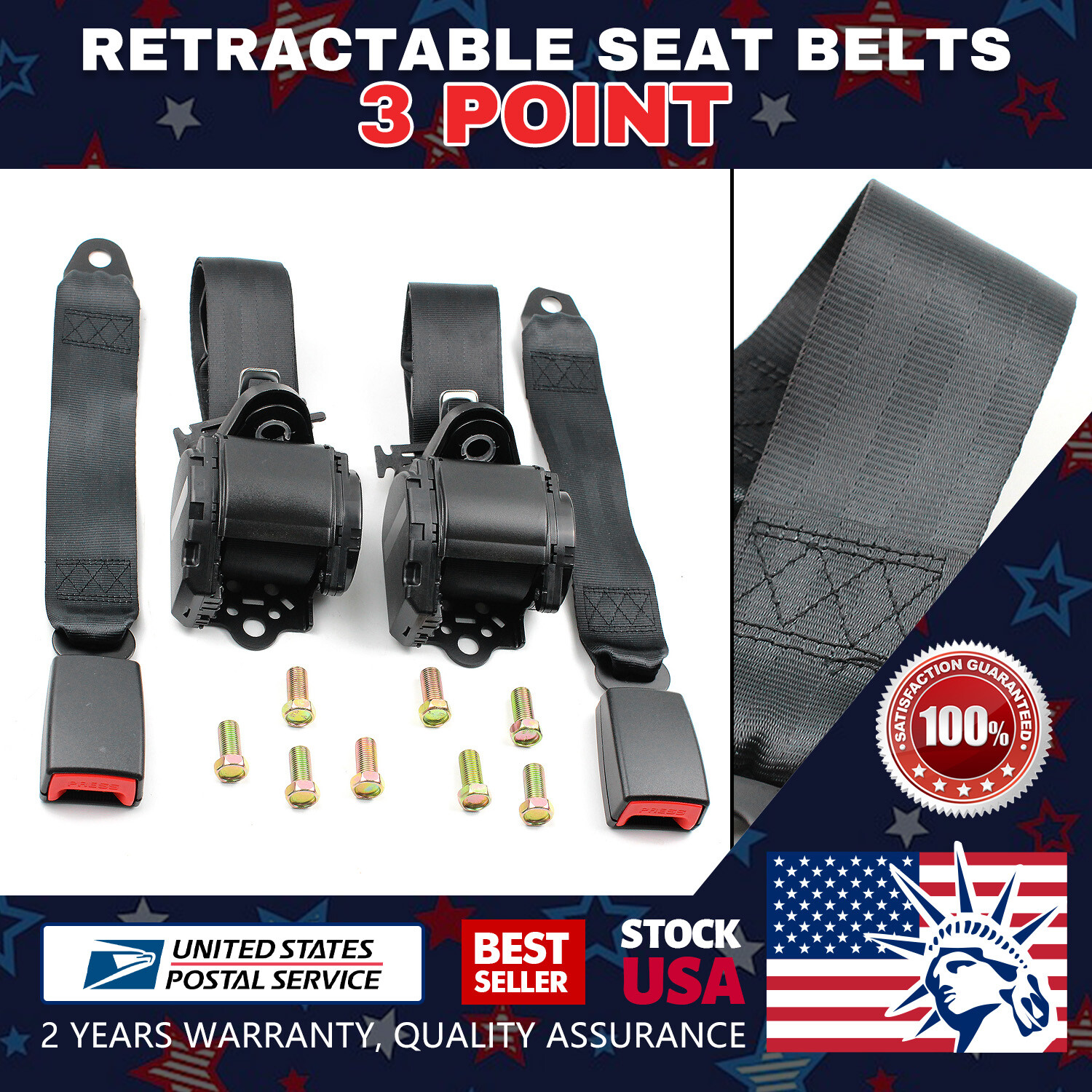 Retractable Adjustable 3 Point Safety Seat Belt Straps Kit Universal Car Vehicle