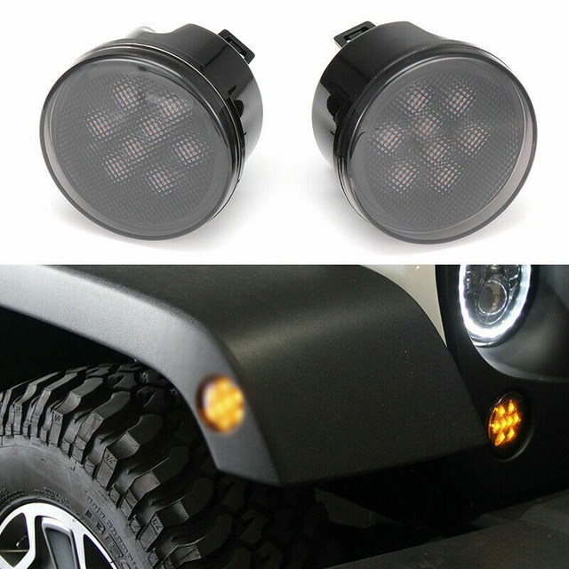 Pair LED Turn Signal Lights Smoke Lens Front Grill For Jeep Wrangler JK