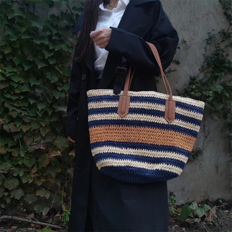 Hot Large Striped Straw Woven Tote Bag Beach Fashion Handbag Shoulder Bag - Image 2 of 4