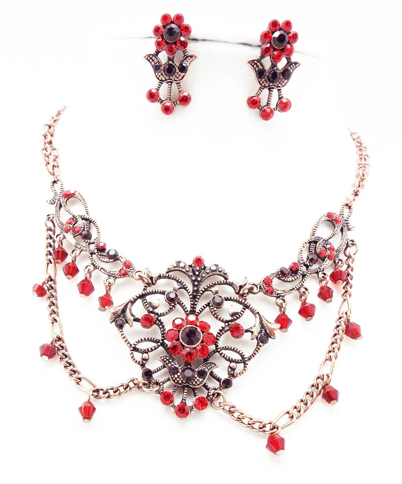 DESIGNER INSPIRED 19in RED CRYSTAL SILVER VICTORIAN DROP DANGLE JEWELERY SET NEW - Image 2 of 4