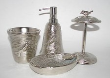 NEW-4 PC SET LINED NICKEL-SILVER+BIRD DESIGN SOAP DISPENSER+TUMBLER+DISH+1 MORE