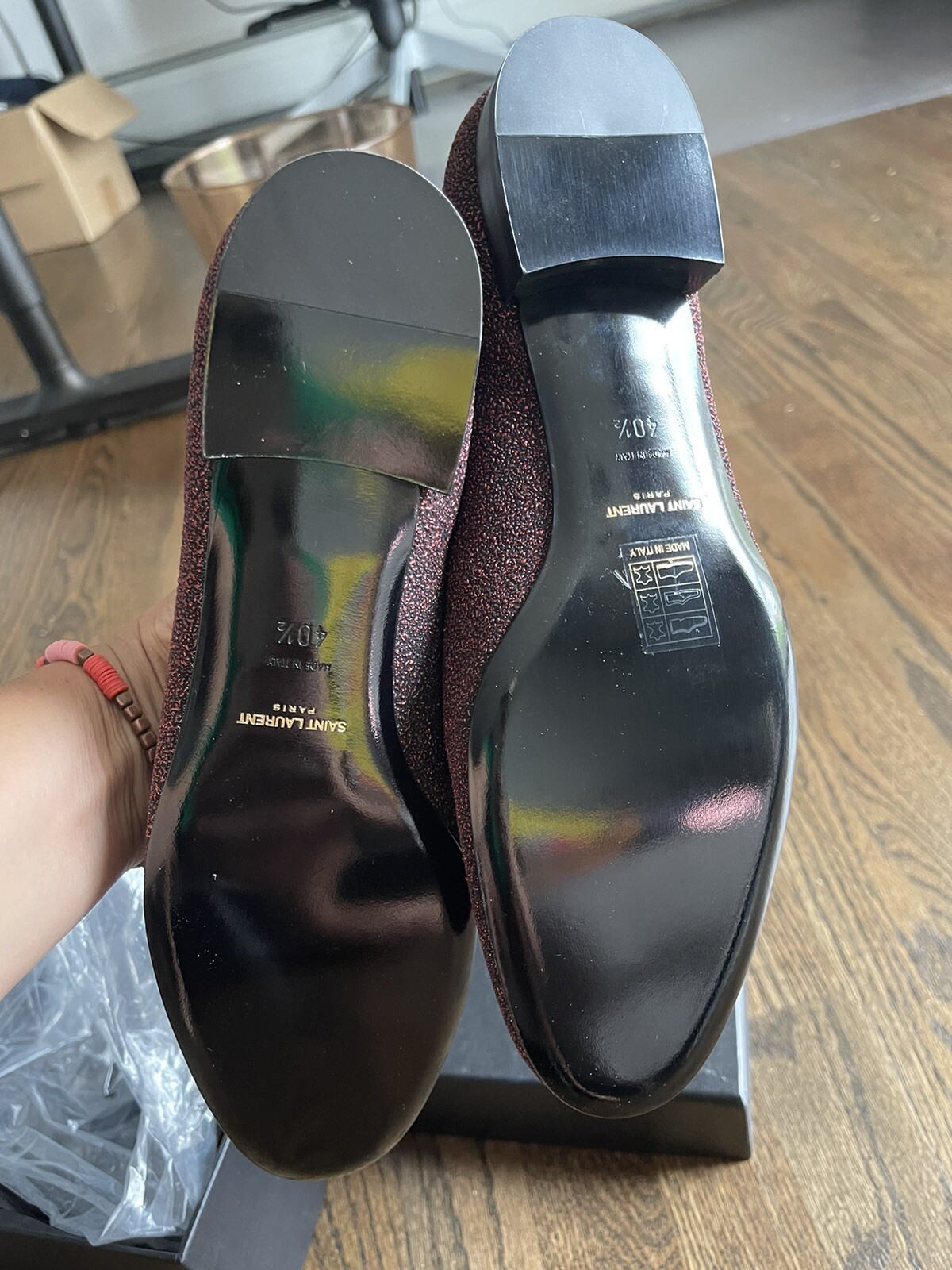 Autentico mocassino slip on donna Saint Laurent glitter borgogna taglia 40 5