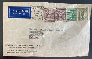 1946 Sydney Australia Chemicals Commercial Airmail cover To Wilmington DL Usa