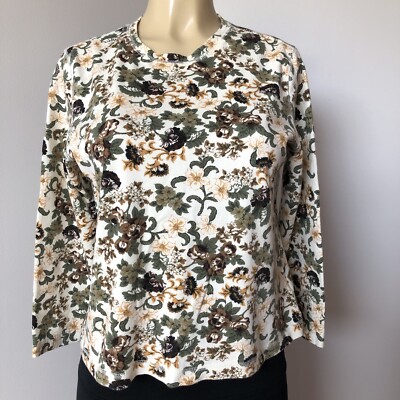 Women's Top White Stag Round-Neck Long-Sleeve Ivory Tan/Green Print Cotton LARGE