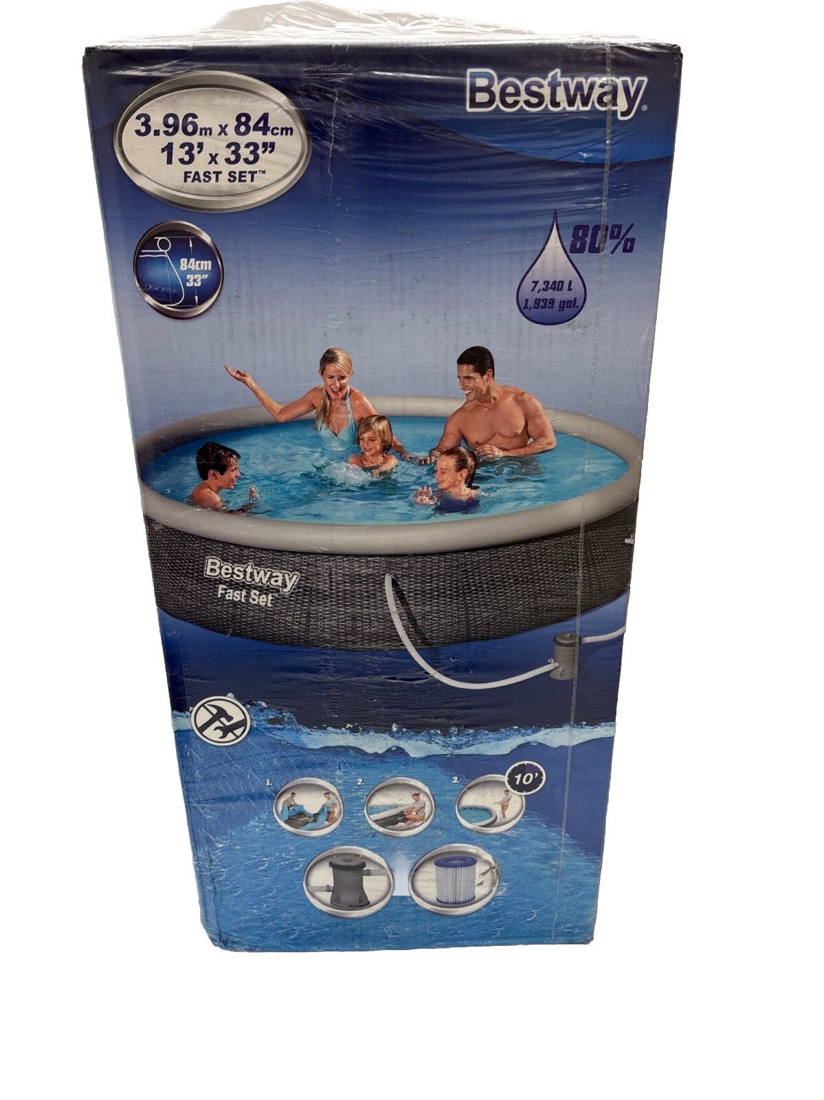 Bestway Fast Set Piscina con Bomba de Filtro 396x84cm Redonda - Aspecto Ratán Gris
