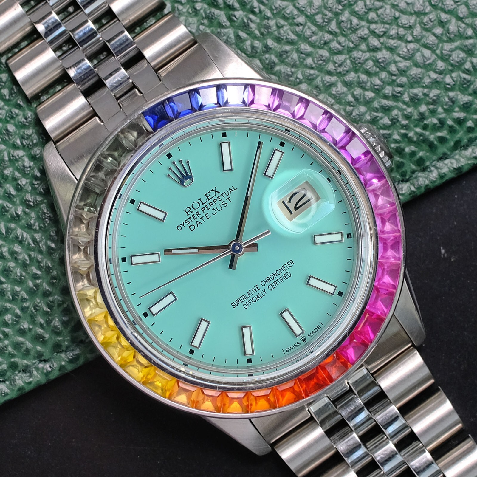 ROLEX MENS DATEJUST 16234 GOLD STAINLESS STEEL BLUE DIAL RAINBOW