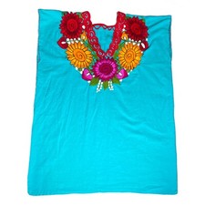 Traditional Mexican Huipil Pullover Blouse Teal Colorful Floral Hand Embroidery