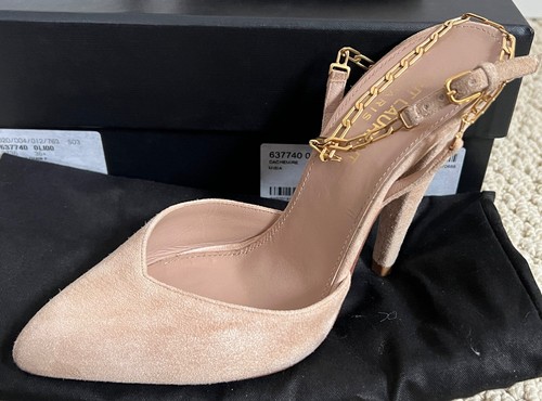 Saint Laurent YSL Venus Beige Suede Gold Chain Strap Pointed Pumps 36.5 6.5 $995 - Picture 4 of 21