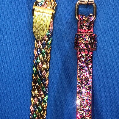 2 girls/jrs thin fashion belts: 30.5''L braided metallic; 29.5''L sparkly lthrette