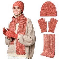 Beanie Scarf Gloves Set: Men Women Warm Knit Beanie Hat, Touchscreen Red