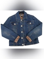 Berek The Collective Works Womens Rhinestone Denim Jacket Leopard Trim XL
