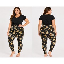 Terra  Sky Black Floral High Rise Leggings Plus Size 1X 16W-18W Stretch Knit
