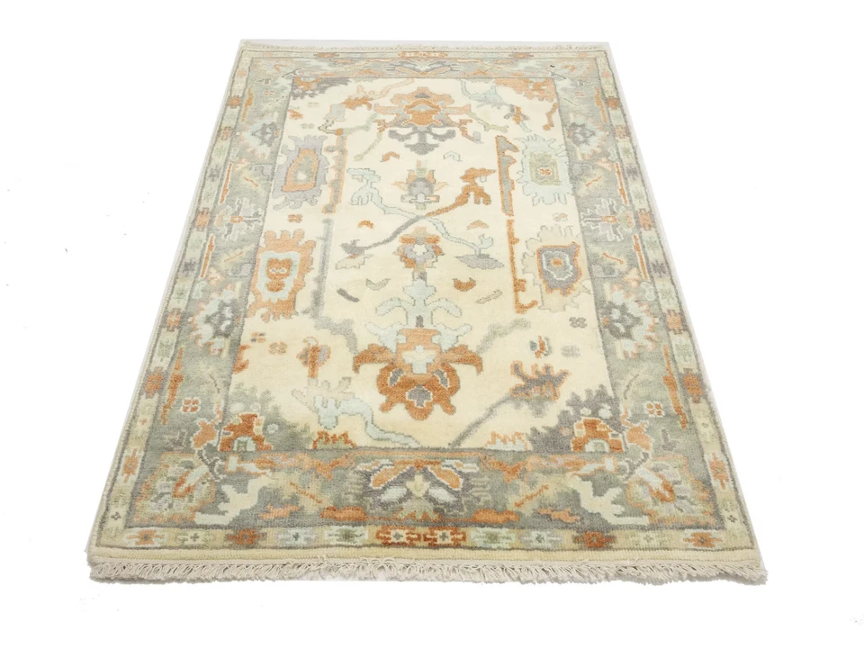 Handmade Floral Design Oushak Chobi 4X6 ft Oriental Rug Bathroom Decor Carpet - Image 4 of 4