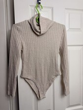 SHEIN Petite XS Beige Ribbed Turtleneck Long Sleeve Bodysuit –Soft Stretchy Knit