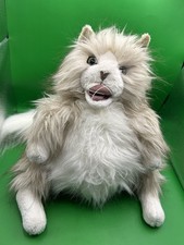 FOLKMANIS Hand Puppet Plush Fluffy Cat Gray Full Body Moveable Mouth Green Eyes