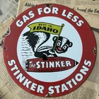 VINTAGE STINKER STATIONS GASOLINE FEARLESS FARRIS 12 INCH PORCELAIN ENAMEL SIGN