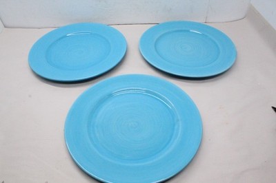 Lands  End Swirl Blue Swirl 12  Dinner Plates Hand Painted Mexico 3pc