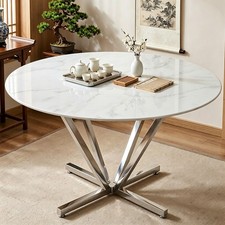 45.27" Round Tempered Glass Dining Table Silver Chrome Base 4-6 Seater