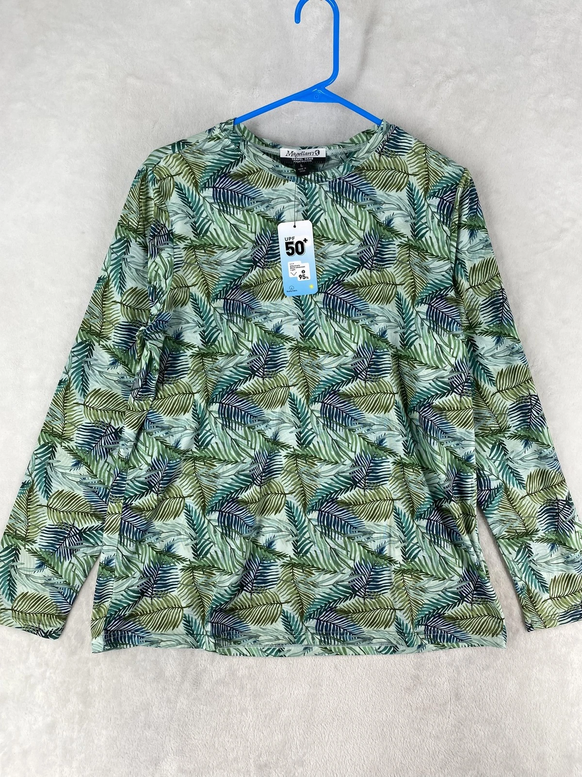Magellan's Shirt Womens Large Green Leaf Sun UPF 50+ Travel Long Sleeve NEW