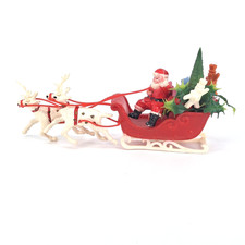 Mid Century Plastic Christmas Santa on Sleigh Reindeer Display Vntg Hong Kong