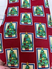 John Henry Christmas Tree Print Silk Tie Red Holiday Made In USA