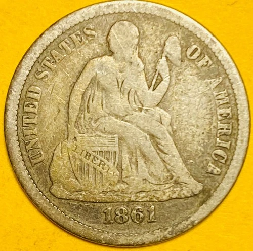 1861 U.S. SEATED LIBERTY SILVER DIME 10c COIN (Fine) Civil War Year!