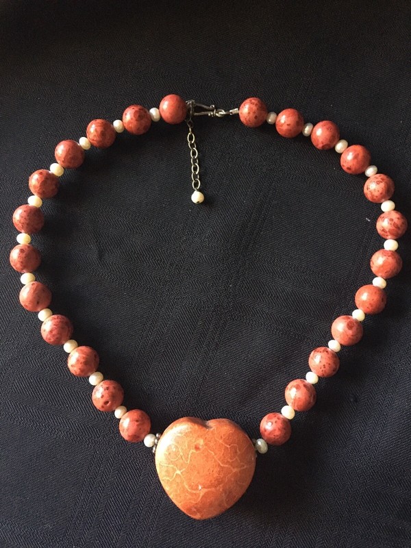 Brick Red String and Round Bead Necklace with Stone Heart Shaped Pendant18"Long