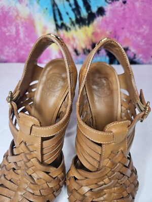 TORY BURCH $325 Nadia Brown Woven Leather Logo Detail  display picture 1