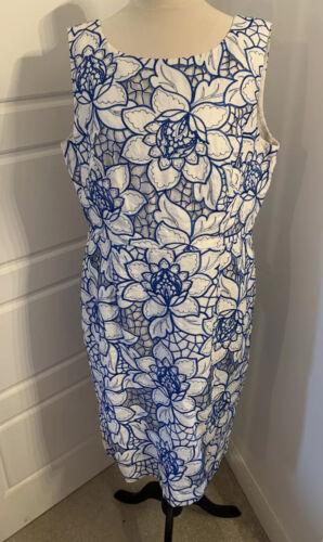 Kaliko Blue White Embroidered summer Linen Dress Ditsy Vintage - Size 16