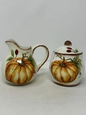 NEW Maxcera COVERED SUGAR BOWEL & CREAMER SET Thanksgiving PUMPKIN VINE ceramic