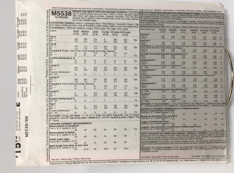Jacket & Top Size S-L Cut to L 42-44 M5538 Sewing Pattern - Image 2 of 2