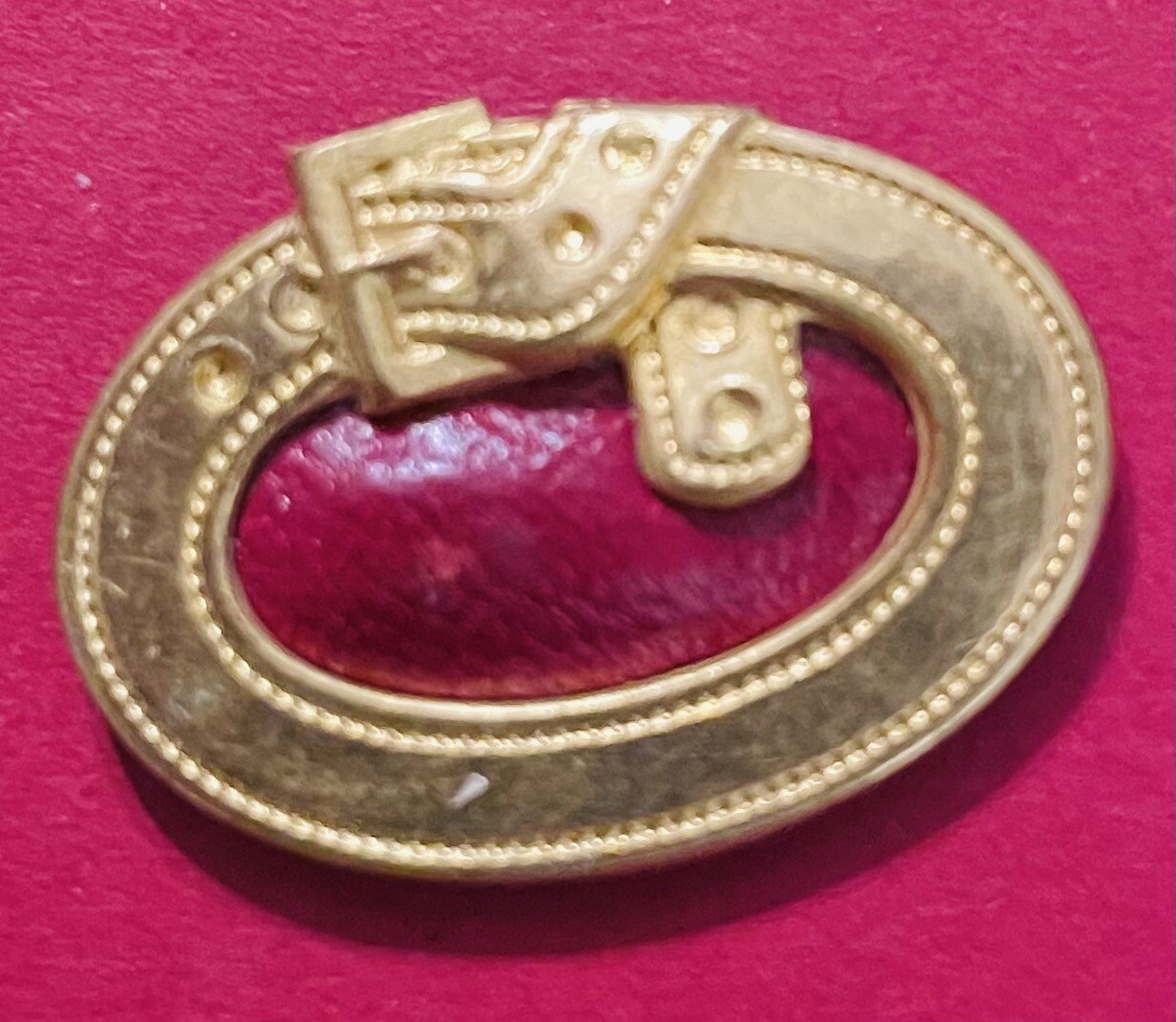 Ex Rare antique Gilt Brass BUCKLE button Red Enamel Center. Ca., 1880s/1890s