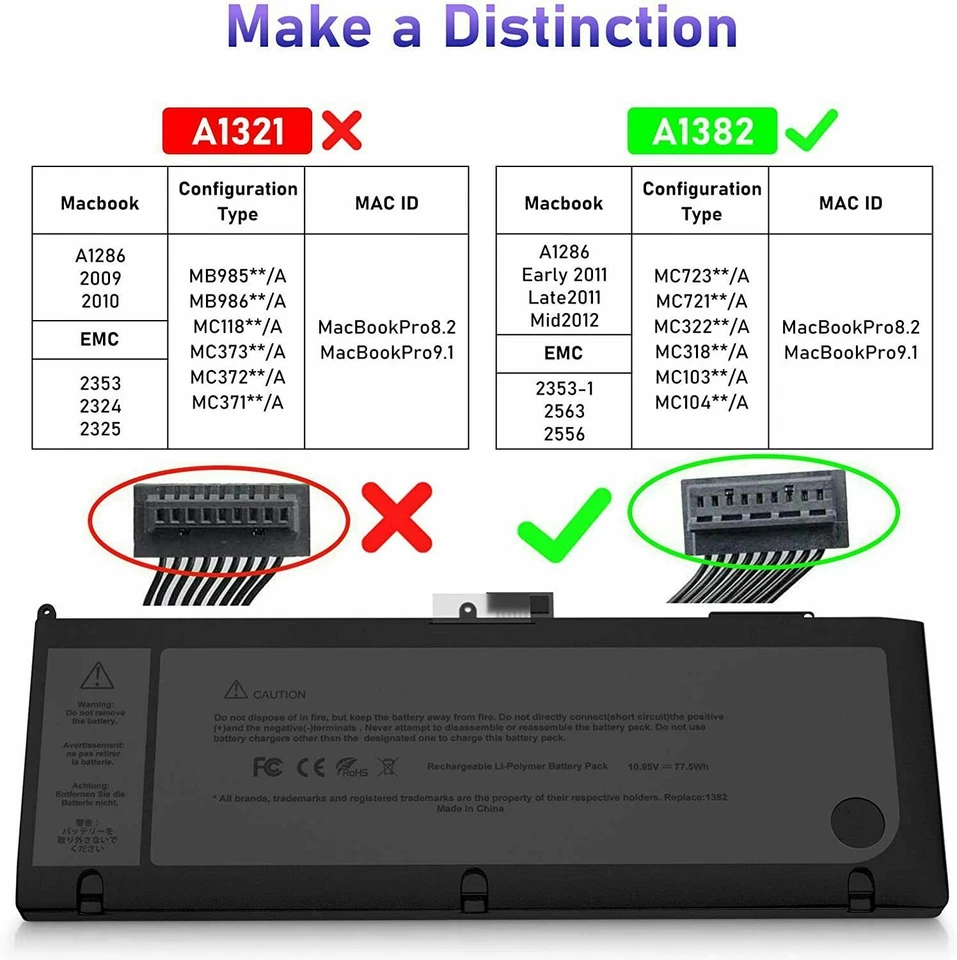 Batería A1382 para MacBook Pro 15" A1286 020-7134-A (principios/finales de 2011 mediados de 2012) Foto 3 de 4