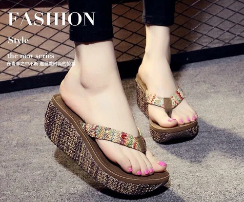 Damenschuhe Keilabsatz hoher Absatz Zehenstegsandalen Sommer Hausschuhe Freizeit Flip Flops - Bild 8 von 11