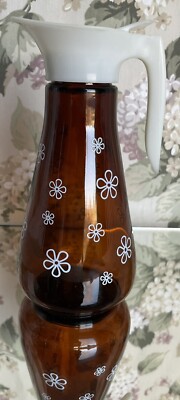 Retro Syrup Pitcher White Daisy Brown Glass White Plastic Top