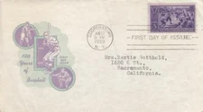1939, 3c Baseball, FDC, Cooperstown, NY to Sacramento, CA (40022)