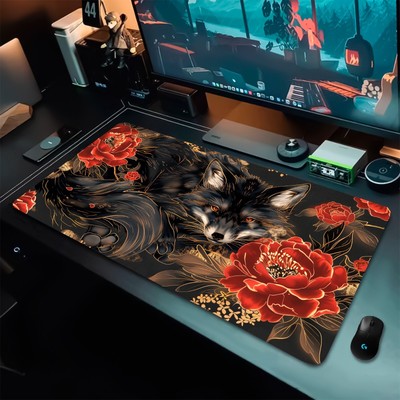 Gaming Mouse Pad Oriental Pattern 9 Tailed Fox Gaming Desk Mat, Gift for Gamers.