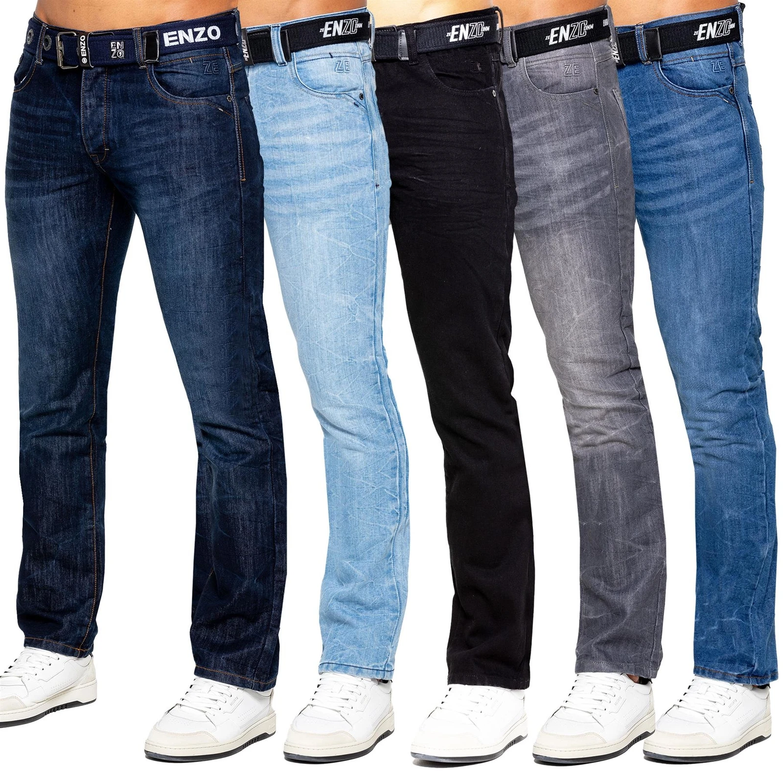 Enzo Straight Leg Jeans Mens Regular Fit Belted Denim Trousers Pants UK Sizes