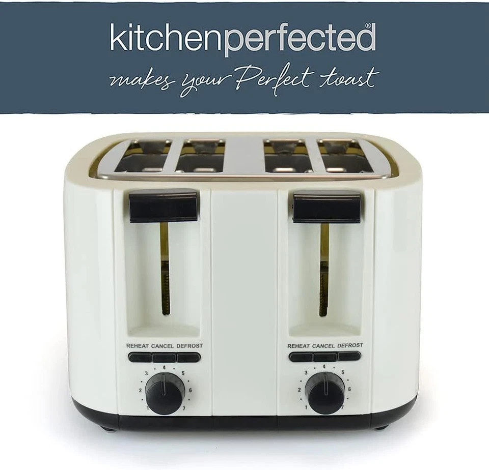 Cream 4 Slice Toaster Wide Slot 7 Browning Settings Defrost Reheat High Lift - Image 2 of 4