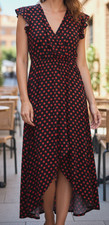 Grecerelle Women’s S Polka Dot Wrap Dress Hi‑Low Ruffle Hem Elastic Waist V‑Neck