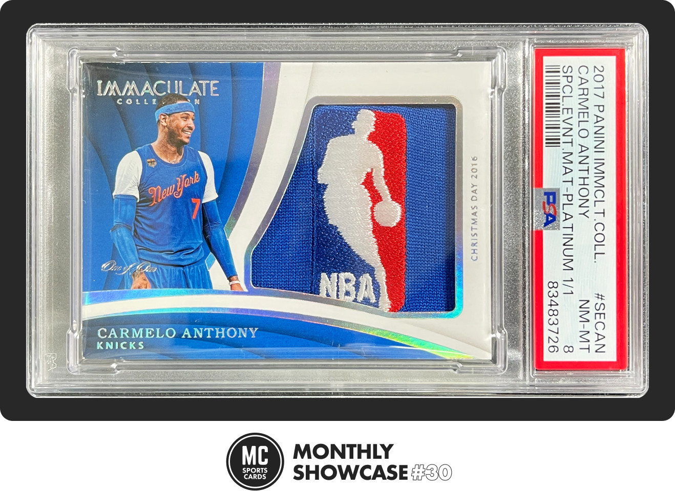 CARMELO ANTHONY PSA 2017 PANINI IMMACULATE CHRISTMAS DAY NBA LOGOMAN PATCH 1/1 view 1