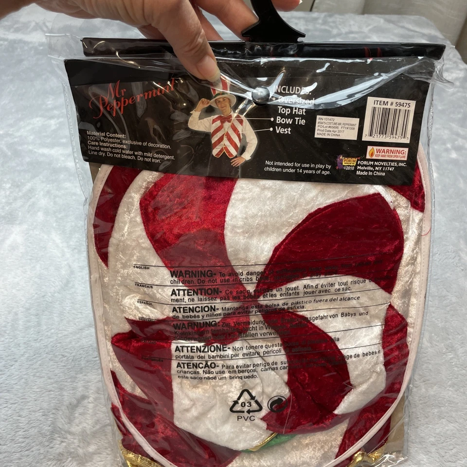 Mr Peppermint Christmas Costume 3 Piece Vest Hat Bow Tie Forum Novelties NIP - Image 3 of 4