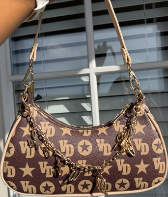 Von Dutch Brown Monogram Shoulder Bag Y2K Gold Charm Chain Purse NWT