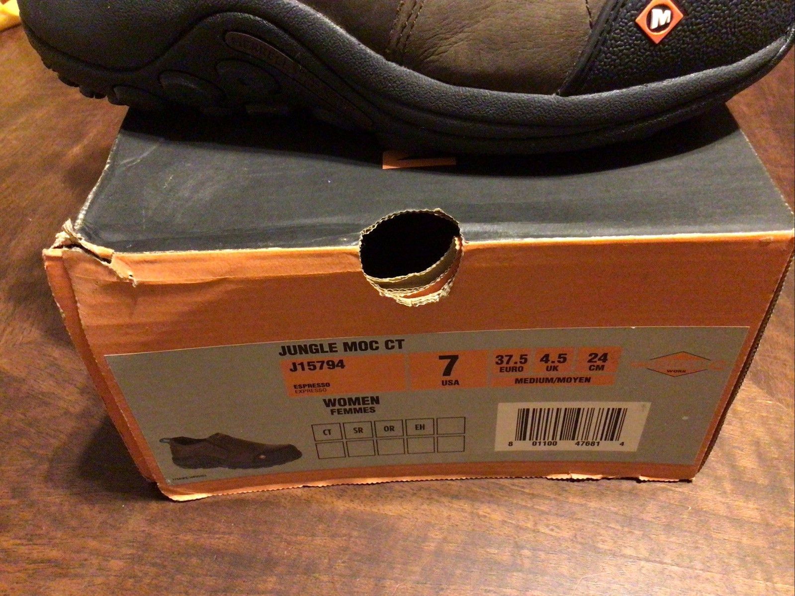 NUOVA scarpa da donna Merrell JUNGLE MOC CT punta di sicurezza marrone taglia US 7M nuova con scatola