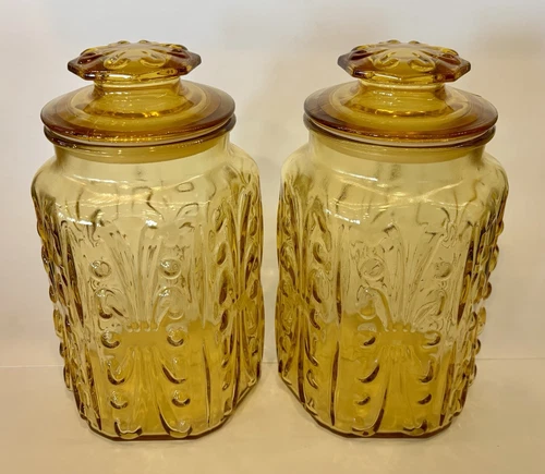 2-Vintage Federal Glass Canisters with lids Sun Gold MCM Atterbury Scroll 9”