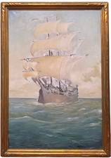 Atmospheric 1920s Sailing Ship Painting, Nautical Scene, Andrew Wallhauser