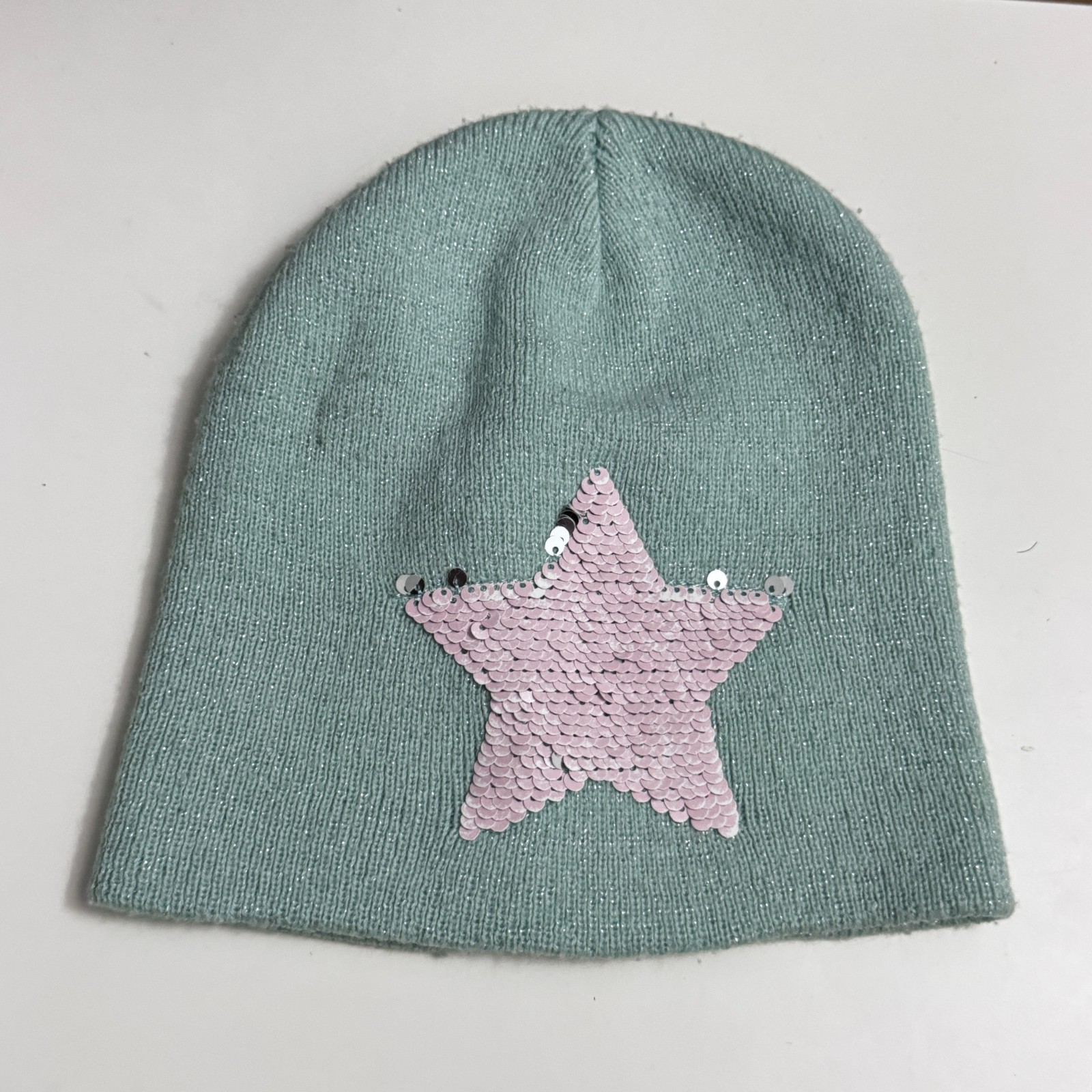 Infinity Kids Girls Teal Mint Green Sparkle Knit Beanie Hat - Pink Sequin Star image 2