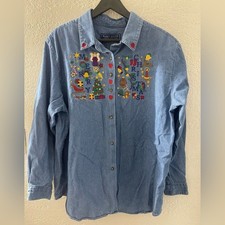 VTG Karen Scott 100 Cotton Denim Blue Christmas Festive Embroidered Shirt XL