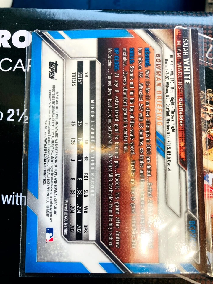 2016 Bowman Chrome Prospects Blue Shimmer Refractors Card #BCP203 Isaiah White - Image 2 of 2