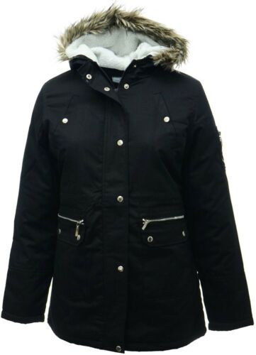 Ladies Plus Size New Black Parka Coat Long Jacket Fleece Lined Fur Trim Hood - Picture 1 of 2